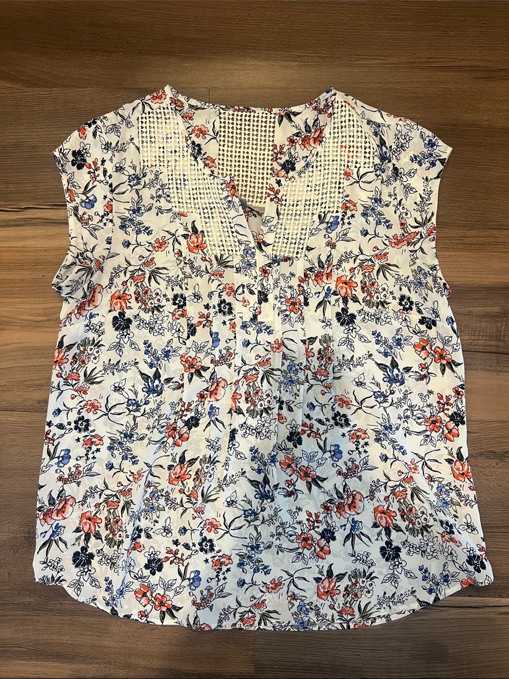 Daniel Rainn White Floral Crochet-Yoke Top with Blue and Coral Accents